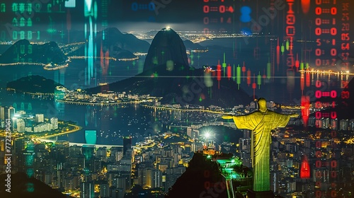 Brazil business skyline with stock exchange trading chart double exposure with brazilian flag, trading stock market digital concept 