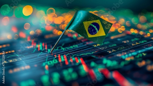 Brazil business skyline with stock exchange trading chart double exposure with brazilian flag, trading stock market digital concept	
