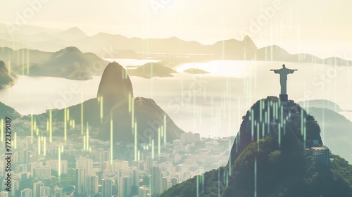 Brazil business skyline with stock exchange trading chart double exposure with brazilian flag, trading stock market digital concept	
 photo