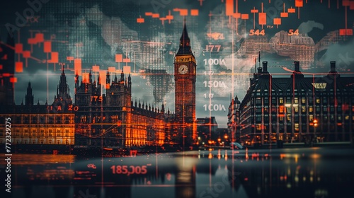 London UK business skyline with stock exchange trading chart double exposure with the British flag, trading stock market digital concept 