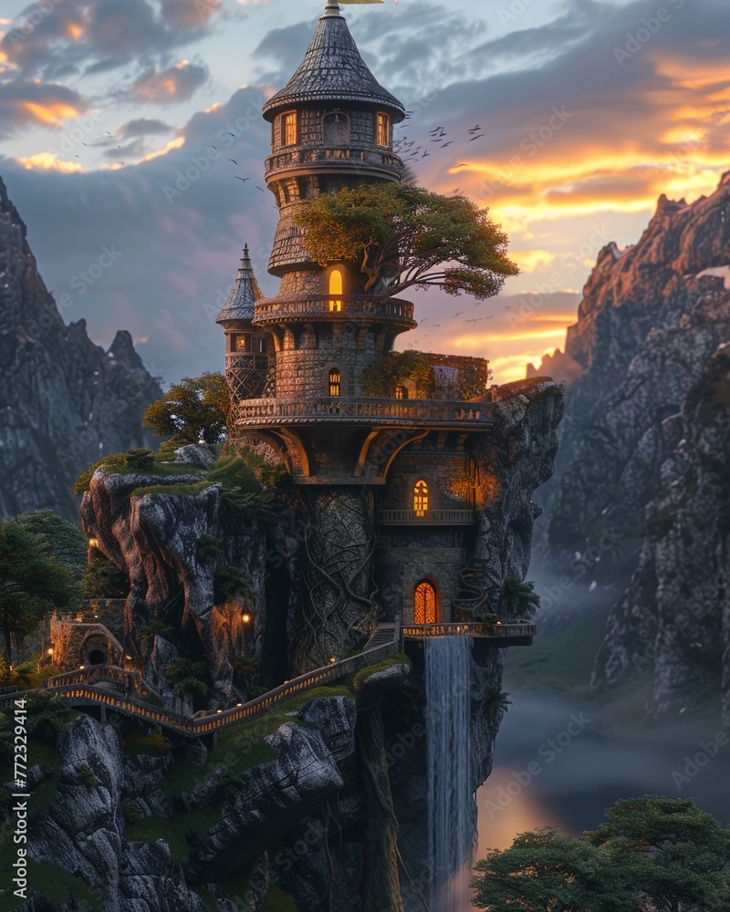 Digital twin of ancient wizard tower, machine learning predicts quest outcomes, elves and dwarves strategize, twilight, eye-level, mystical alliance - obrazy, fototapety, plakaty 