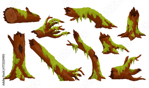 Logs, stumps in moss. Cartoon tree lichen in swamp jungle. Broken oak in tropical damp forest. Set isolated vector design element on white background