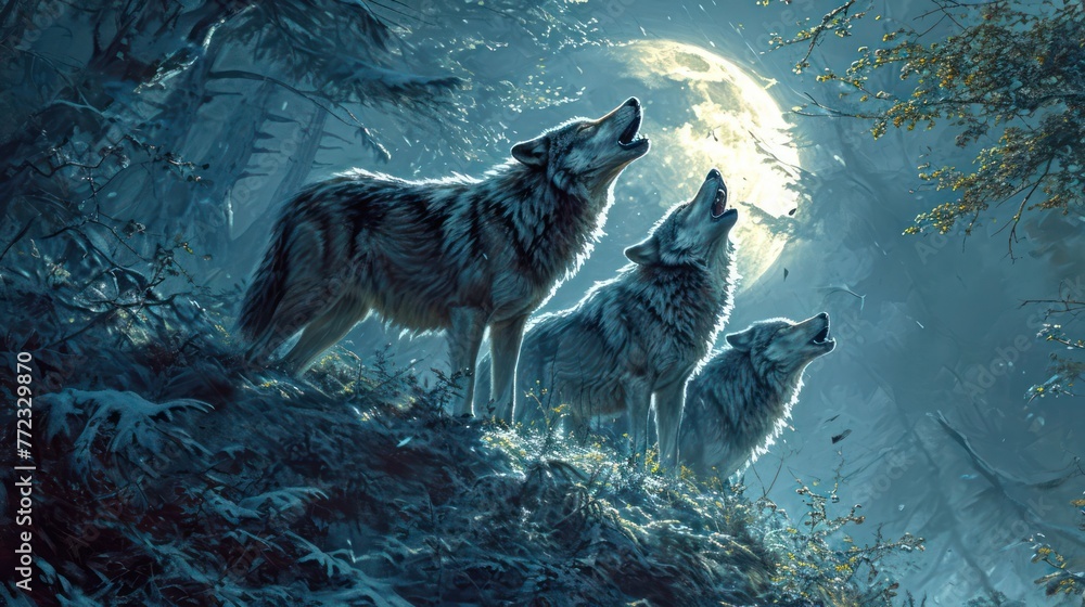 Fototapeta howling pack of wolves under the light of the full moon, symbolizing the wild spirit of these creatures