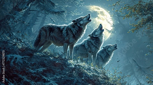 Fototapeta Naklejka Na Ścianę i Meble -  howling pack of wolves under the light of the full moon, symbolizing the wild spirit of these creatures