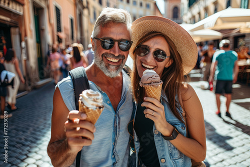 Cheerful couple in Rome eating ice cream cones 