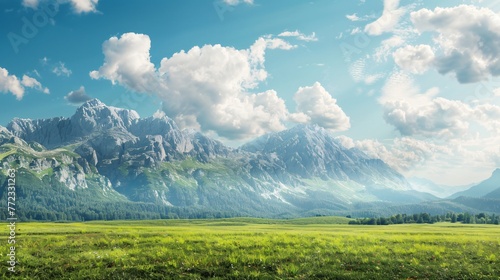 Natural Magnificence: Tranquil Landscape with Majestic Mountains, Blue Skies and Vast Grasslands Generative Ai