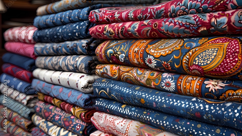A close-up of a stack of colorful fabrics with a variety of patterns and textures. The top fabric has a blue and green floral design. A close-up of a stack of colorful fabrics with a variety of patterns and textures. The top fabric has a blue and green floral design.