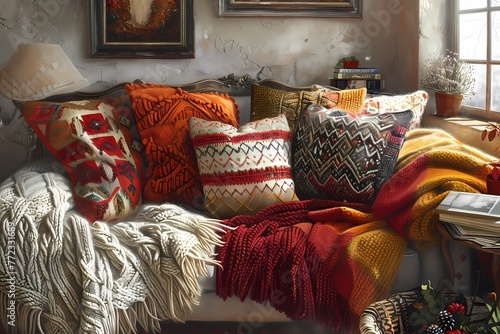 A living room couch upholstered in brown fabric is abundantly decorated with pillows and blankets. The pillows are various sizes and shades of brown, cream, and beige