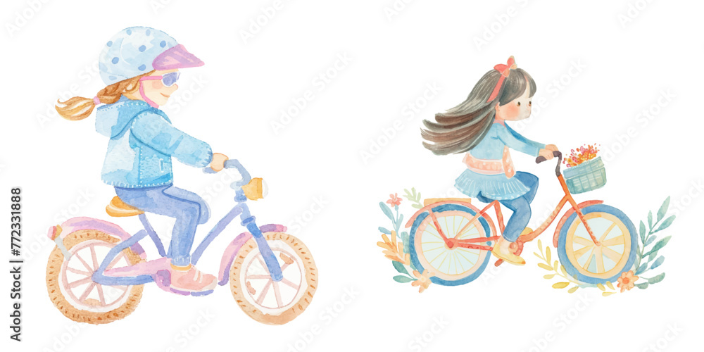 Fototapeta premium girl biker watercolour vector illustration 