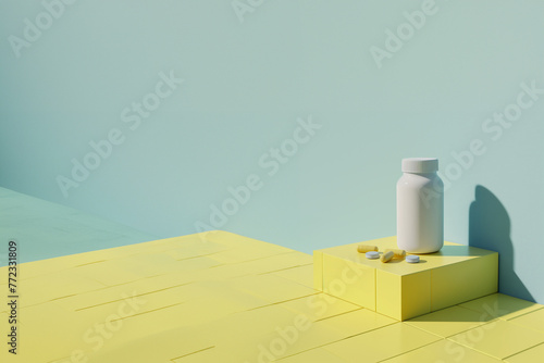 boite blanche sans marque, Mock-up, de médicaments et gélules sur une céramique jaune sur fond bleu avec espace négatif copy space. Industrie pharmaceutique, pharmacie, médecine, 