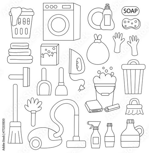 Cleaning Set Elements. Outline Lineart simple style. Black and white. Collection of cleaning tools. Washing machine. Cleaning products. Trash can. Vacuum cleaner. Hand drawn. Vector Flat illustration.