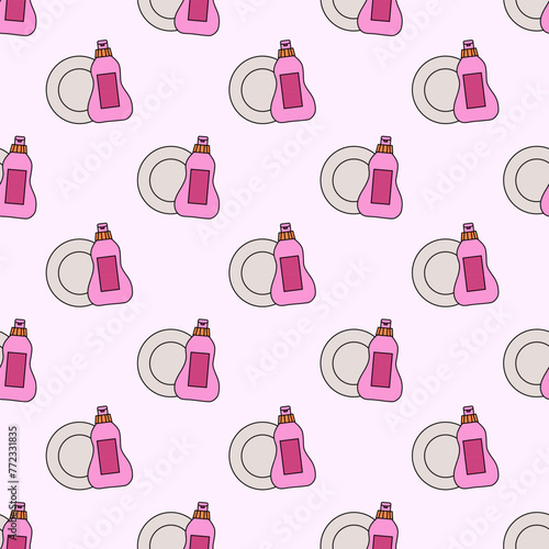 Seamless Pattern with Cleaning Tools Elements. Plate, washing up liquid. Dishwash in kitchen. Vector Flat illustration.