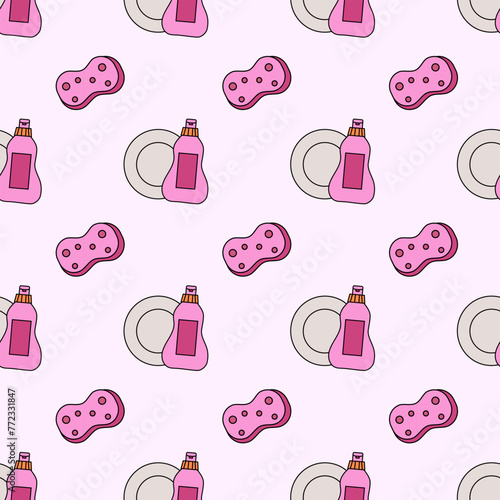 Seamless Pattern with Cleaning Tools Elements. Plate, washing up liquid and sponge. Dishwash in kitchen. Vector Flat illustration.