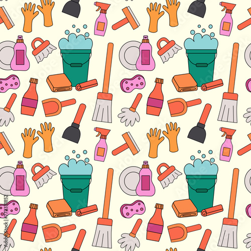 Seamless Pattern with Cleaning Tools Elements. Mop, dishwash, plunger, dustpan, brush, bucket of rags, sponge, rubber gloves. Vector Flat illustration.