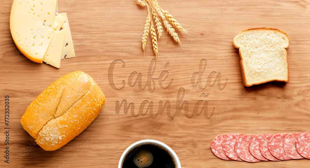 Fototapeta premium Mesa de café da manhã com pão, queijo e café
