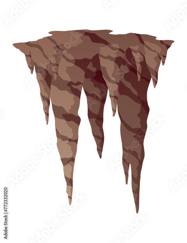 Stalactite. Icicle shaped hanging mineral formations in cave. Nature brown limestone, material stone icon. Natural growth geology formations