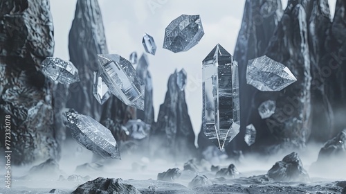 Crystal formations levitate above the misty surface of an otherworldly, monochromatic landscape. Levitating Crystals in a Mystical Foggy Terrain