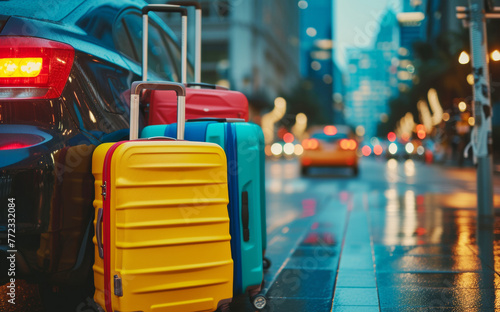 Vibrant yellow, blue, and red suitcases lined up on a city street with glowing evening lights