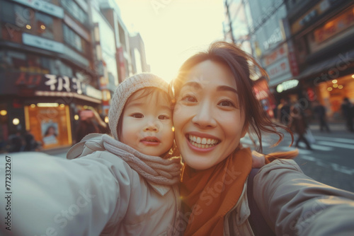 Asian mother and toddler taking a selfie in city bustle, sharing a joyous moment