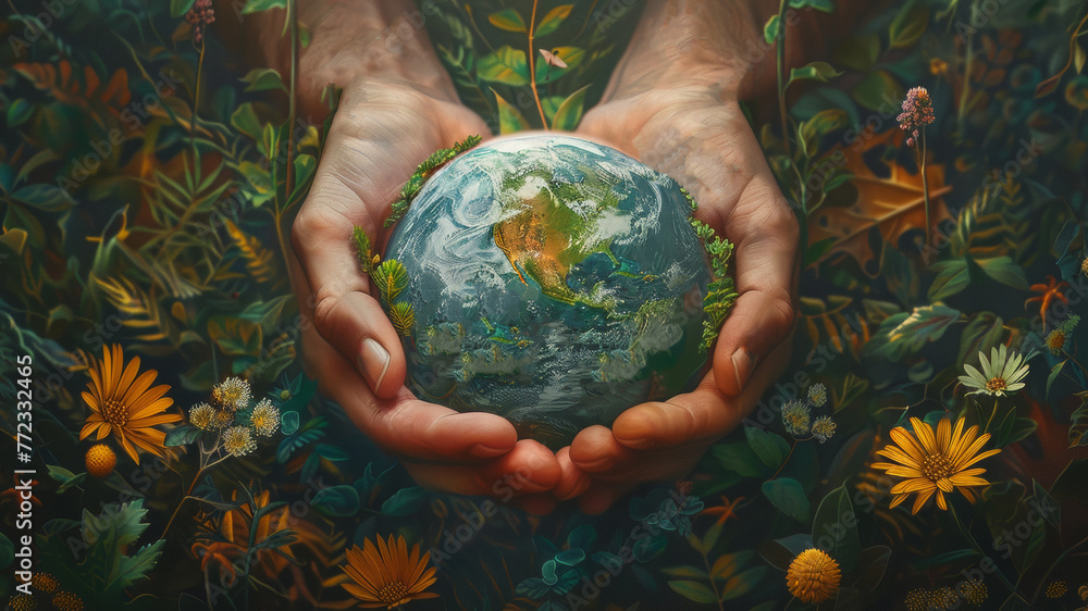 Conceptual Illustration of World Earth Day with Hands Holding a Globe Surrounded by Flora Conceptual Illustration of World Earth Day with Hands Holding a Globe Surrounded by Flora