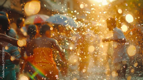 Golden Sunlight Shining Through Water Splashes During Enchanting Songkran Festival Celebration