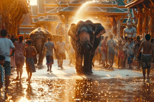 Majestic elephants joining the Songkran festival at golden hour with crowds in traditional attire © Viktoriia