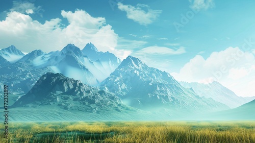 Vast golden grasslands stretch beneath the hills  visible from a distance  a serene and secluded landscape under a vast blue sky with white clouds  Generative Ai
