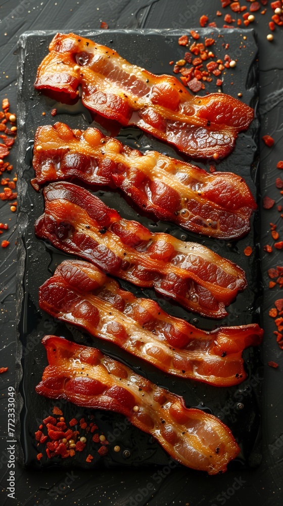 Background of crispy bacon strips, adding texture and flavor to any dish, appetizingly crunchy