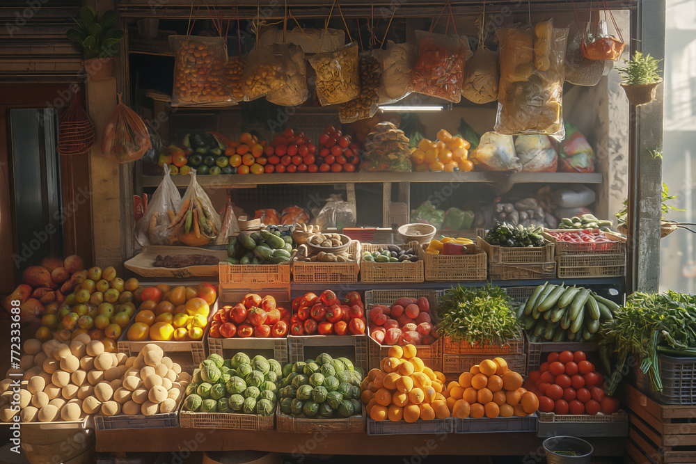 vegetable shop, vegan food store, fresh vegetables and fruits on the counter in an open store near the house the sun's rays are falling