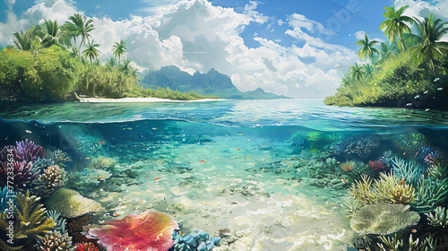 Uma composição que captura a beleza do fundo do mar, com lindos peixes e águas, ao mesmo tempo em que revela uma parte da flora com natureza exuberante, criando uma dupla exposição incrível photo