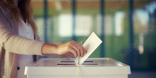 A young woman casts a ballot into a ballot box at a polling station. Generative AI.