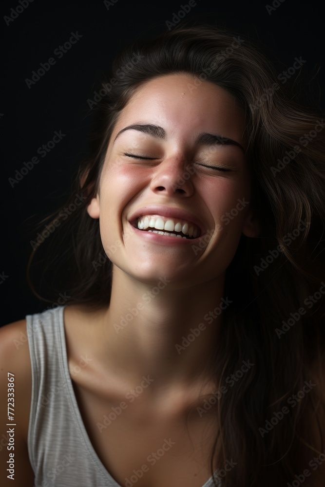 Close-up portrait of a girl against the wall, laughing with her head thrown back, happy. Generative AI. Close-up portrait of a girl against the wall, laughing with her head thrown back, happy. Generative AI.