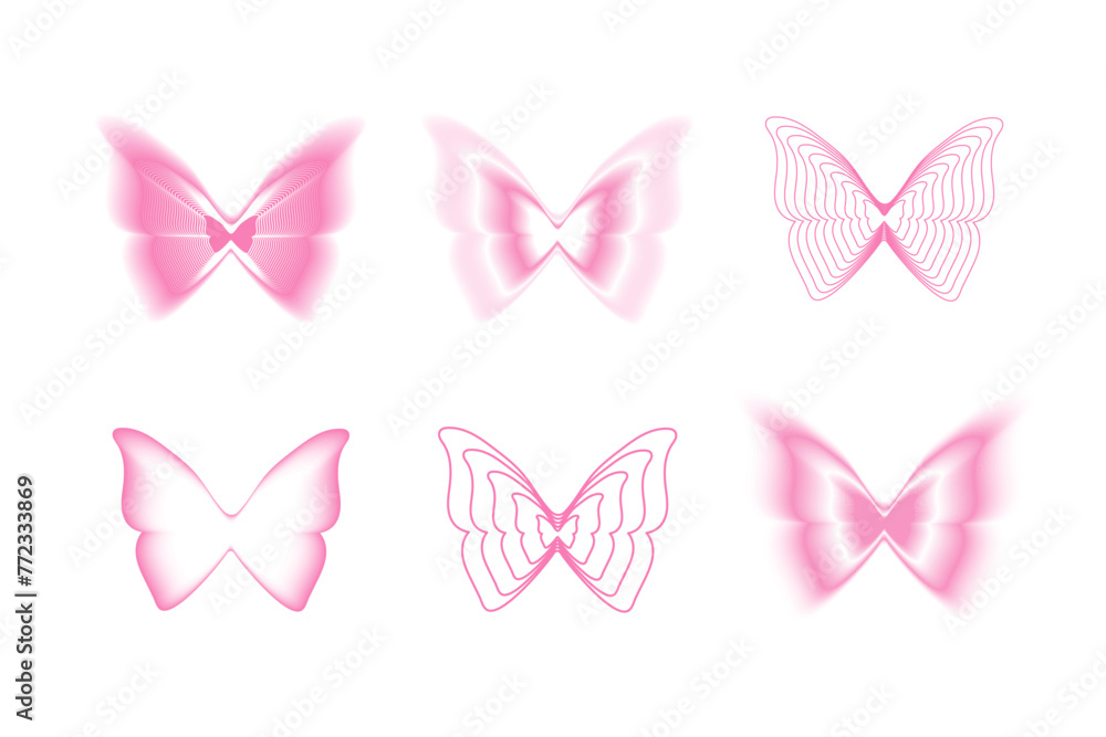 Y2K butterflies aesthetic design elements. Modern minimalist soft gradient and linear shapes set.