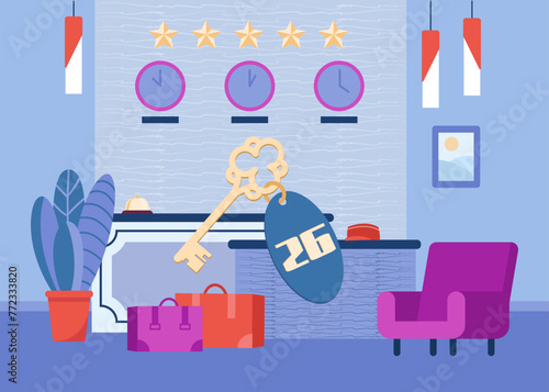 Five star hotel reception desk vector illustration. Hotel hospitality concept with room key, luggage and waiting area at reception
