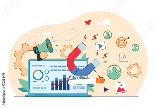 Digital marketing flow and tools vector illustration. Online promotion, marketing strategy concept. Laptop with marleting diagrams, huge magnet, loudspeaker, target, user profile