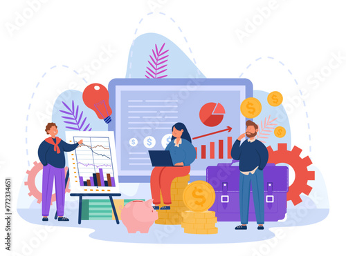 Male coach presenting financial charts to people Vector illustration. Financial literacy concept. Huge tablet wiith diagram, briefcase, lightbulb, coins on background