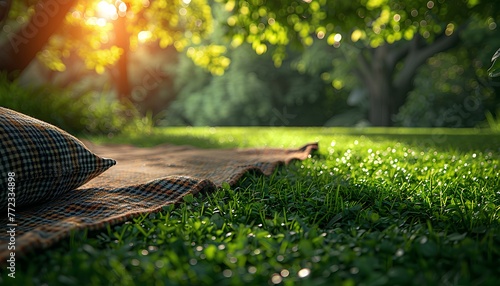 Blanket in the green grass for picnic. Picnic time during summer time in nature. Closeup of picnic blanket in green lush nature full of trees and flowers