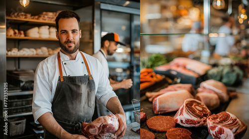 Confident Butcher Posing with Fresh Meat at Local Market photo