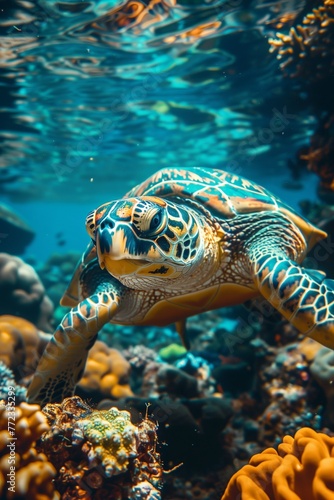 Submerged turtle amidst broken coral reef, backdrop with space, evoking environmental awareness and serenity