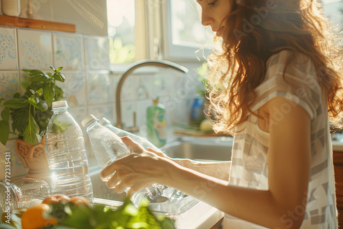 Woman recycling plastic bottles in kitchen at home
 photo