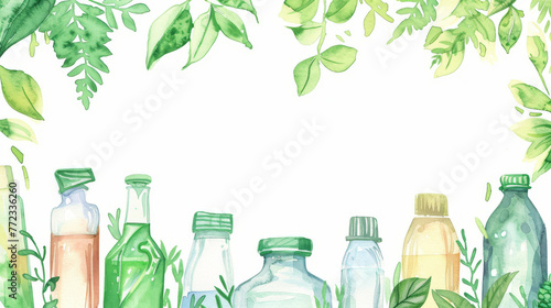 bottles for household chemicals and green plants, watercolor background with copy space in the center