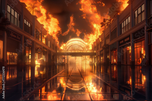 fire in a building in a shopping center, entertainment shopping center with shops on fire, explosion, terrorism. Destroyed City on Fire. Fire in burning buildings. Nuclear radioactive armageddon