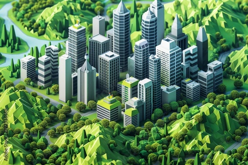 An imaginative isometric cityscape in vector art, where futuristic low poly buildings rise amidst lush, green landscapes , 3D illustration