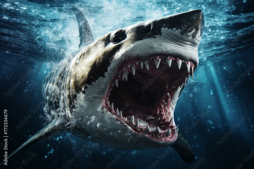 Obraz premium Animated Shark head screaming face. Big life. Generate Ai
