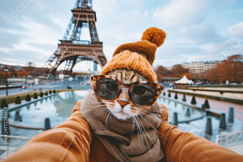 A cat in autumn clothes and glasses takes a selfie in Paris
 photo