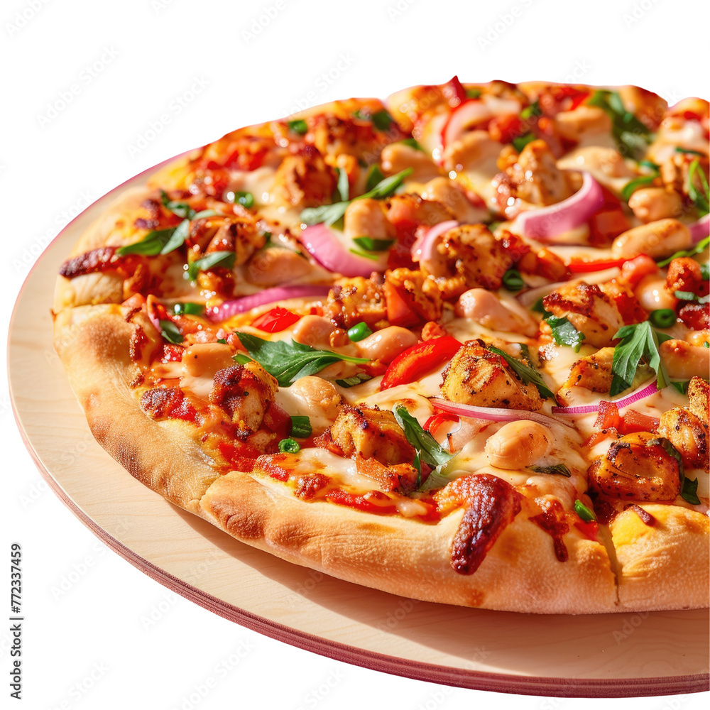 Californiastyle pizza with chicken, peppers, onions, cheese on wooden board on a transparent background
