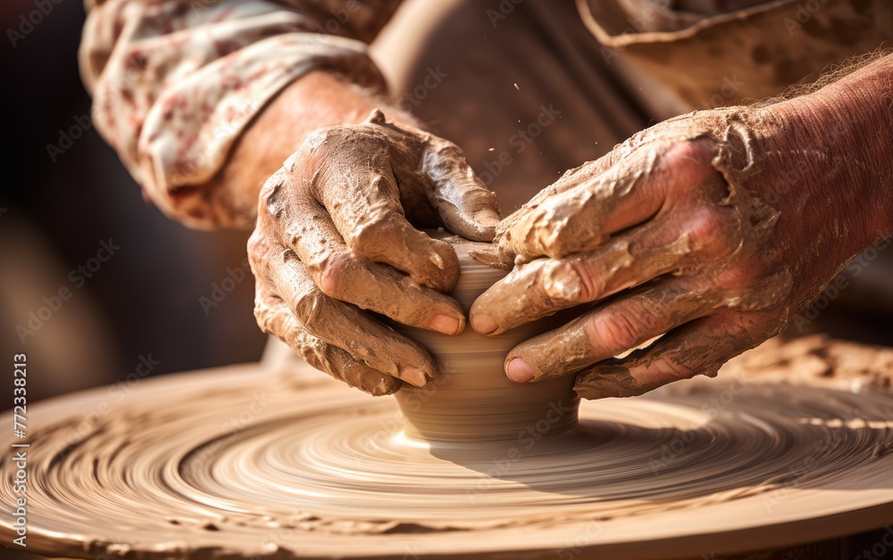 A close-up of a potter's hands shaping clay on a spinning wheel, capturing the tactile beauty of pottery and craftsmanship.