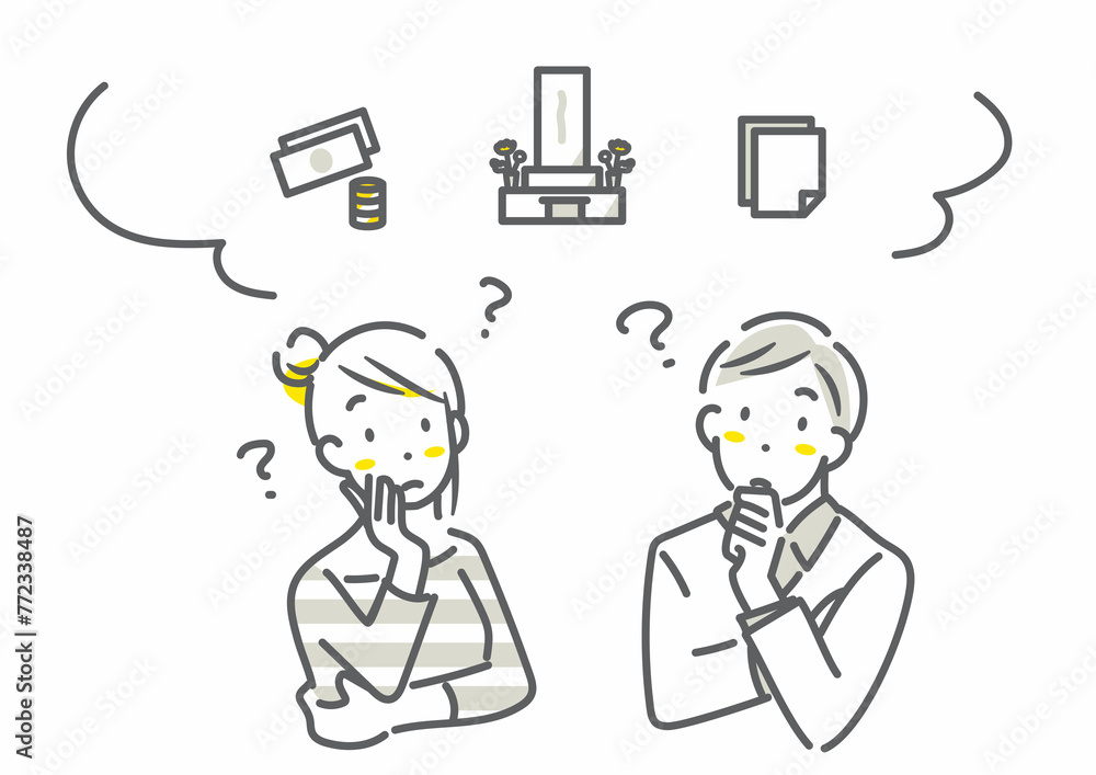 お墓について考える若い夫婦 シンプルでお洒落な線画イラスト お墓について考える若い夫婦 シンプルでお洒落な線画イラスト
