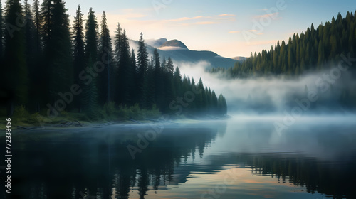 Morning mist covers a beautiful lake surrounded by pine forest © ma