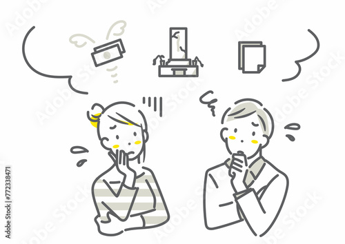 墓じまいを考える若い夫婦　シンプルでお洒落な線画イラスト